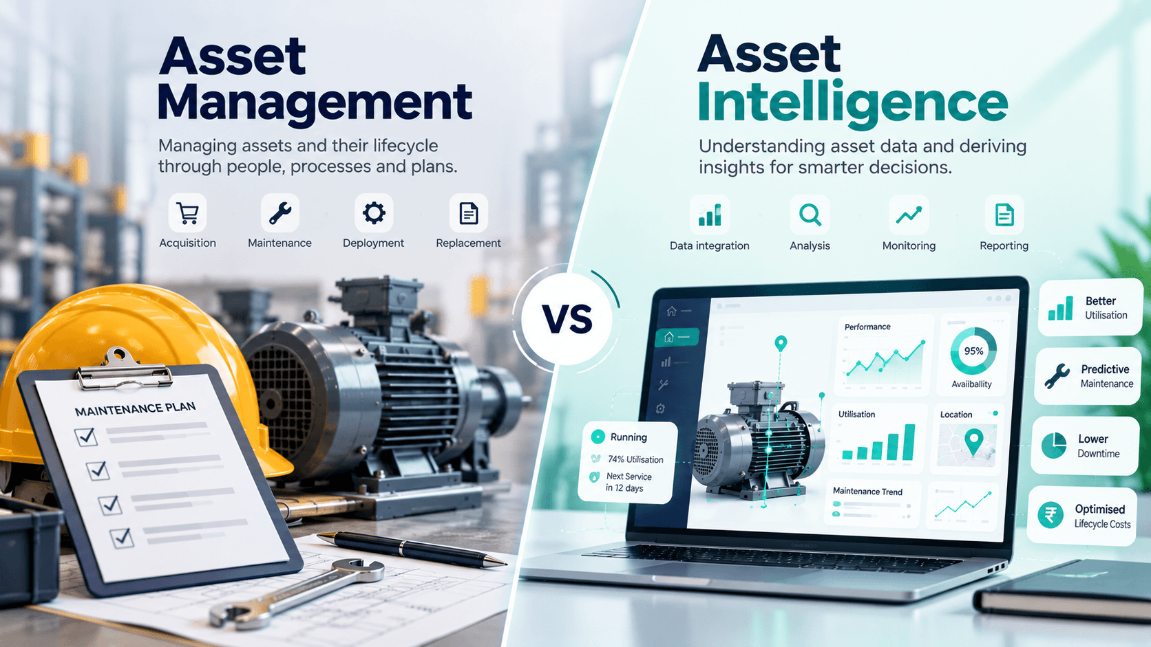 Asset management vs. asset intelligence comparison infographic illustrating asset lifecycle management, industrial asset tracking, asset performance monitoring, predictive maintenance, real-time asset data analytics, equipment utilisation, maintenance planning, operational efficiency, downtime reduction, and asset lifecycle cost optimisation for smarter business decisions.
